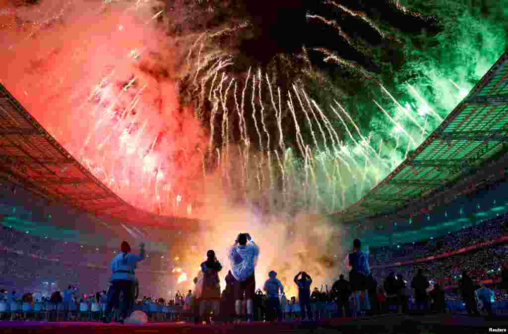 Fireworks explode during the closing ceremony of the Paris 2024 Paralympics at the Stade de France in Saint-Denis, France, Sept. 8, 2024.