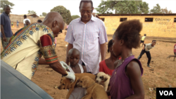 Children bring their dogs for a free vaccination, Freetown, Sierra Leone, April 12, 2015 (Nina deVries/VOA)