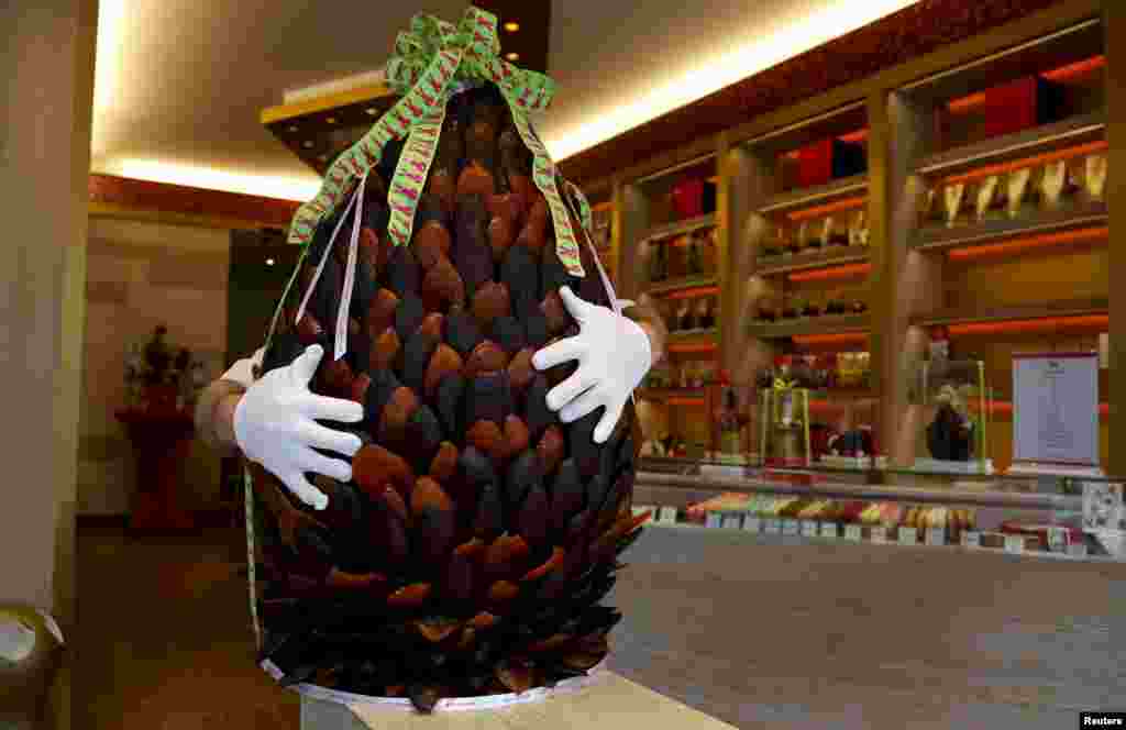 Anh thợ làm bánh Michael Lewis-Anderson ôm chiếc hoa atisô khổng lồ nặng 60 kg làm bằng trứng sôcôla và kẹo vỏ cam trong một tiệm bán sôcôla trước ngày Lễ Phục Sinh, vào cuối tuần này, ở Brussels, Bỉ