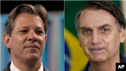 This photo combo of Workers' Party Presidential candidate Fernando Haddad shot on Oct. 4, left, and an Oct. 7, 2018 photo of Jair Bolsonaro, of the Social Liberal Party, shows the two candidates that will face off in a second-round vote in Brazil. 