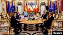 رهبران فرانسه، آلمان، ایتالیا، و رومانی در دیدار با ولودیمیر زلینسکی، رئیس‌جمهوری اوکراین، در کی‌یف (پنجشنبه ۲۶ خرداد ۱۴۰۱) 