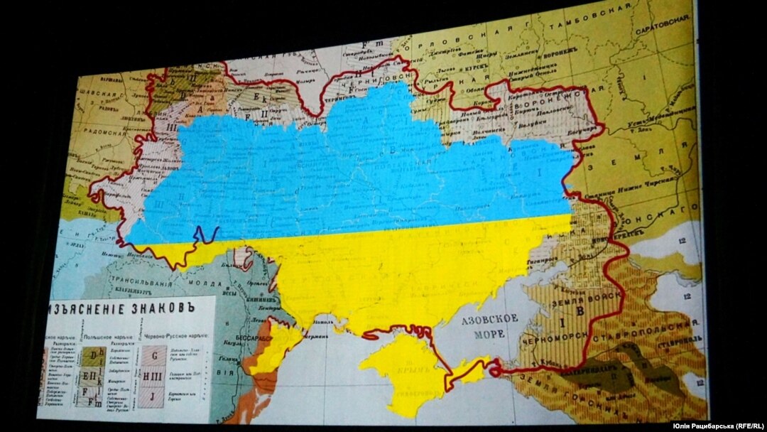 Цвета национального флага Украины, наложенные на карту 1871 г., обозначающую границы распространения диалектов украинского языка