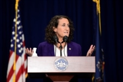 FILE - Pennsylvania Secretary of State Kathy Boockvar speaks at a news conference regarding election vote counting in Harrisburg, Pennsylvania, November 5, 2020.