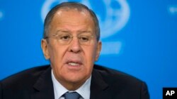 RusRussian Foreign Minister Sergey Lavrov speaks during his annual roundup news conference summing up his ministry's work in 2017 in Moscow, Jan. 15, 2018.sia Politics