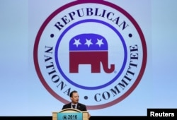 FILE - Republican National Committee Chairman Reince Prebus speaks during a luncheon at the Republican National Committee Spring Meeting at the Diplomat Resort in Hollywood, Florida, April 21, 2016.