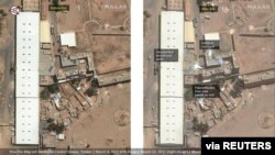 FILE - A view of the detention center is seen before the fire, left, on March 4, 2021, and after fire, right, in this March 11, 2011, handout satellite image provided by Maxar Technologies.