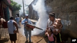 In Nicaragua, a woman moves her children out of the way as a health ministry worker sprays chemicals to kill the mosquitoes that carry dengue and chikungunya fever, October 2014. (AP PHOTO) 