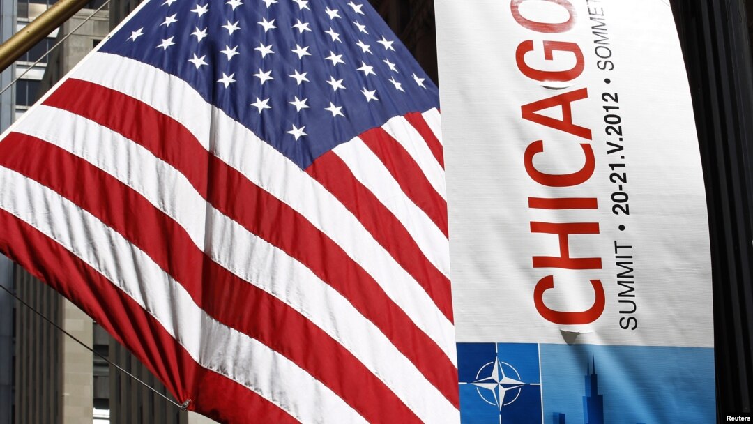 A banner is seen hanging in advance of the upcoming NATO meeting in Chicago, May 14, 2012. 