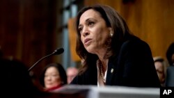 FILE - Sen. Kamala Harris, D-Calif., speaks as Attorney General William Barr testifies during a Senate Judiciary Committee hearing on the Mueller Report on Capitol Hill in Washington, May 1, 2019.