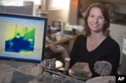 Alycia Stigall, in her laboratory, displays fossils and tools of her research.