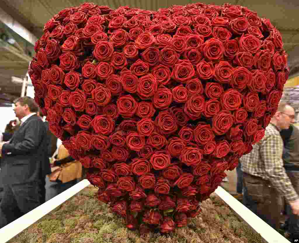 Coração feito de rosas vermelhas na feira internacional de plantas em Essen na Alemanha.