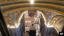 A view of St. Peter's basilica during the preview to the press of the exhibition 'Petros eni', which is part of the project "St. Peter's Basilica: AI-Enhanced Experience" at the Vatican, Saturday, Nov. 9, 2024. (AP Photo/Gregorio Borgia)