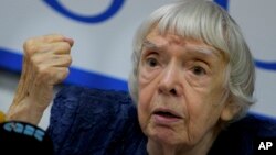 FILE - Russian human rights activist Lyudmila Alexeyeva speaks at a news conference in Moscow, Sept. 27, 2012.