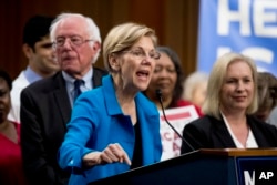 FILE - Sen. Elizabeth Warren, D-Mass., center, accompanied by Sen. Bernie Sanders, I-Vt., left, and Sen. Kirsten Gillibrand, D-N.Y., right, speaks during a news conference on Capitol Hill in Washington, Sept. 13, 2017.