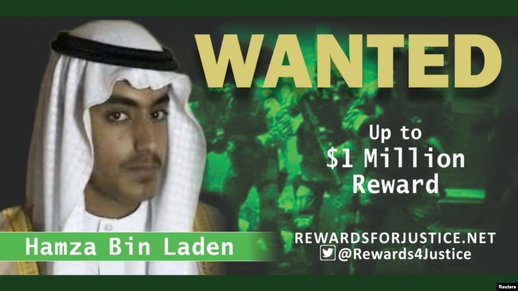 Một bức ảnh được tài khoản Twitter của Bộ Ngoại giao Mỹ lan truyền loan báo giải thưởng 1 triệu đôla cho thông tin dẫn tới thủ lĩnh al Qaeda Hamza bin Laden, con trai của Osama bin Laden. 