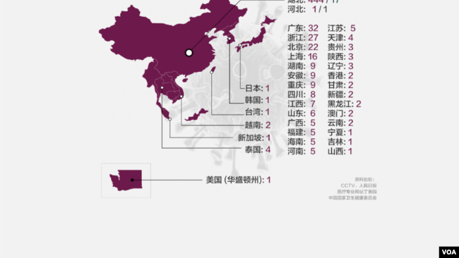 武汉肺炎2020年1月23日确诊(颜色字体）与死亡(黑字）案例数字