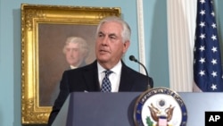 FILE - Secretary of State Rex Tillerson responds to a question about North Korea after speaking on the release of the 2016 annual report on International Religious Freedom.