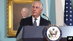 FILE - Secretary of State Rex Tillerson responds to a question about North Korea after speaking on the release of the 2016 annual report on International Religious Freedom.