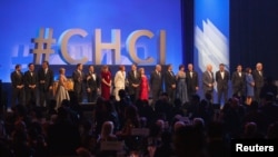 FILE - Members of the Congressional Hispanic Caucus Institute are seen on stage at the CHCI's 38th Awards Gala, at the Walter E. Washington Convention Center Washington, D.C., Oct, 8, 2015.