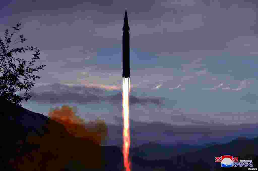The newly developed hypersonic missile Hwasong-8 is test-fired by the Academy of Defense Science of the DPRK in Toyang-ri, Ryongrim County of Jagang Province, North Korea, in this undated photo released by North Korea&#39;s Korean Central News Agency (KCNA).&nbsp;