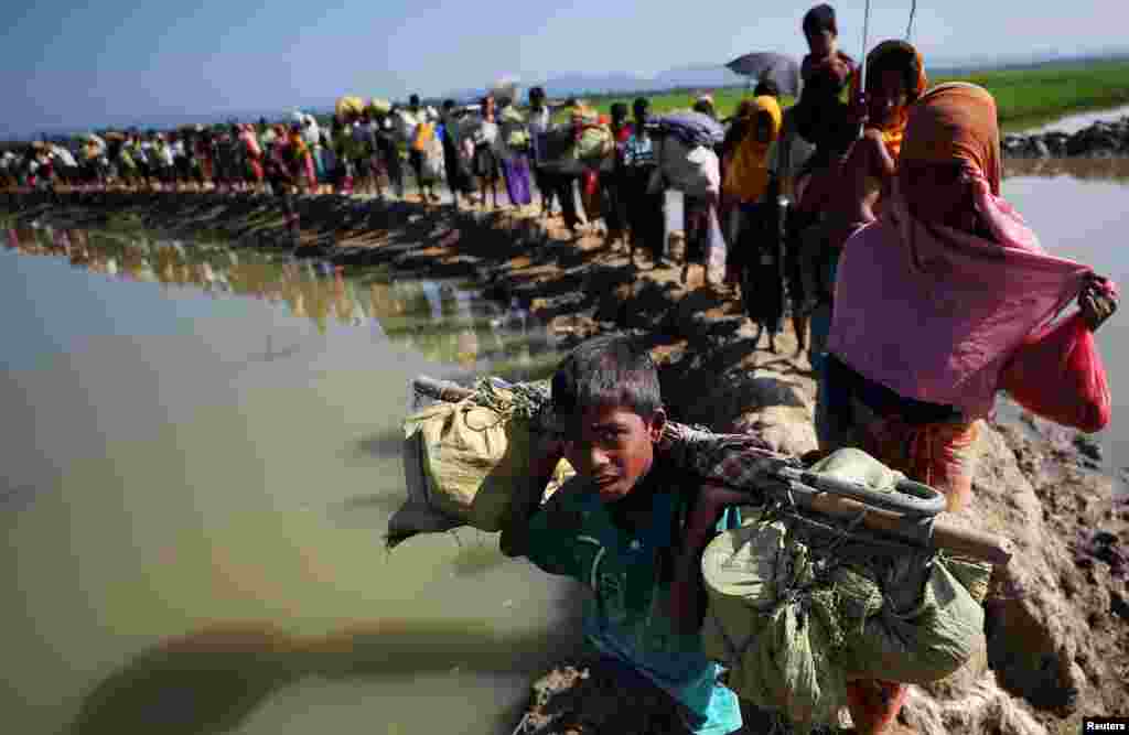 Rohingya refugees make their way to a refugee camp after crossing the Bangladesh-Myanmar border in Palong Khali, near Cox&#39;s Bazar, Bangladesh.