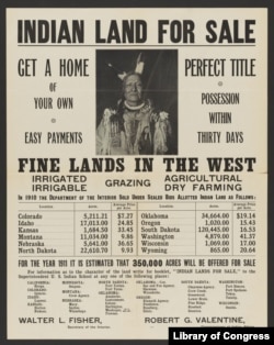 This 1911 Interior Department poster advertises Indian land for sale in 12 states. It featured a photo of prominent Yanktonai warrior Padani-Kokipa-Sni (Not Afraid of Pawnee) taken around 1900 by Smithsonian photographer DeLancey Walker Gill.