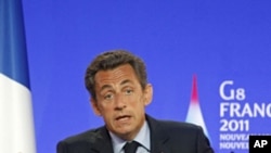 French President Nicolas Sarkozy during a press conference at the G8 summit in Deauville, France, May 26, 2011
