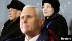 U.S. Vice President Mike Pence, North Korea's nominal head of state Kim Yong Nam, and North Korean leader Kim Jong Un's younger sister Kim Yo Jong attend the Winter Olympics opening ceremony in Pyeongchang, South Korea February 9, 2018.