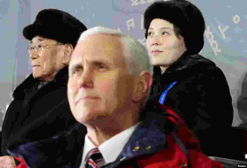 U.S. Vice President Mike Pence, North Korea's nominal head of state Kim Yong Nam, and North Korean leader Kim Jong Un's younger sister Kim Yo Jong attend the Winter Olympics opening ceremony in Pyeongchang, South Korea February 9, 2018.