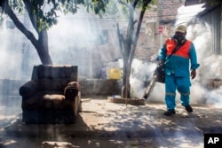 FILE - A city worker fumigates insecticide to combat the Aedes Aegypti mosquitoes that transmit the Zika virus, at the San Judas Community in San Salvador, El Salvador, Jan. 26, 2016.
