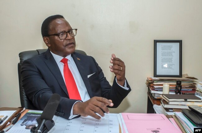 FILE - Lazarus Chakwera, leader of the Malawi Congress Party (MCP), the main Malawi opposition party, gives an interview to Agence France Presse (AFP) at his MCP headquarters in Lilongwe, Jan. 24, 2019.
