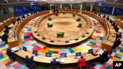 European Union leaders during a round table meeting at an EU summit in Brussels, July 17, 2020.