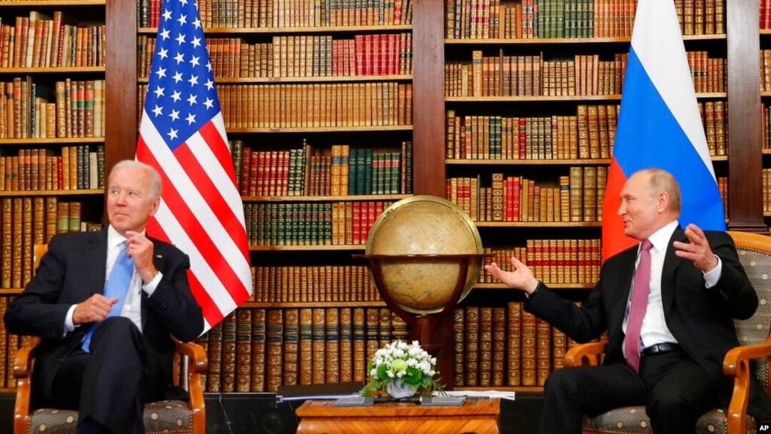 FILE - U.S. President Joe Biden, left, and Russia's President Vladimir Putin meet for the U.S.-Russia summit at Villa La Grange in Geneva, Switzerland, June 16, 2021.