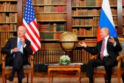 U.S. President Joe Biden, left, and Russia's President Vladimir Putin meet for the U.S.-Russia summit at Villa La Grange in Geneva, Switzerland, June 16, 2021.