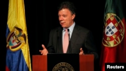 FILE - Colombia's President Juan Manuel Santos in Bogota, April 17, 2013