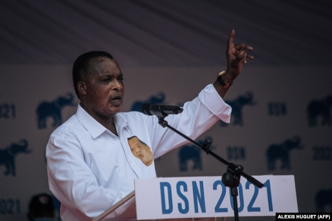 Le président Denis Sassou-Nguesso lors de son dernier meeting de campagne à Brazzaville, le 19 mars 2021.