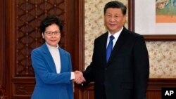 시진핑 중국 국가주석과 캐리 람 홍콩 행정장관이 16일 베이징에서 만나 악수하고 있다. 