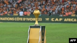 FILE — The Africa Cup of Nations trophy is pictured ahead of the final of the tournament between Ivory Coast and Nigeria, at Alassane Ouattara Olympic Stadium in Ebimpe, Abidjan on February 11, 2024. 