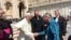 Steven Newcomb, co-founder of the California-based Indigenous Law Institute shakes hands with Pope Francis in Vatican Square, May 4, 2016. (Photo: William B. Laronal, Jr.)