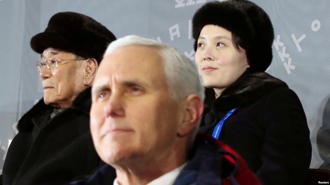 U.S. Vice President Mike Pence, North Korea's nominal head of state Kim Yong Nam, and North Korean leader Kim Jong Un's younger sister Kim Yo Jong attend the Winter Olympics opening ceremony in Pyeongchang, South Korea February 9, 2018.