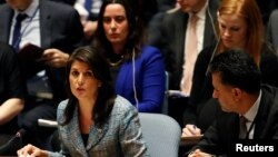 FILE - United States Ambassador to the United Nations Nikki Haley addresses the U.N. Security Council on Syria during a meeting of the Council at U.N. headquarters in New York, U.S., March 12, 2018. 