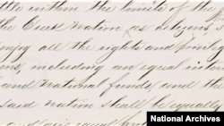 Detail from Article Two of the ratified Indian Treaty with the Creeks, signed in Washington, DC, June 14, 1866. It calls for Freedmen to "enjoy all the rights and priviliges of Native citizens."