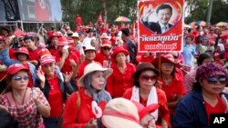 Pro-government protesters show a portrait of former Prime Minister Thaksin Shinawatra during a rally in Aksa, outskirt of Bangkok, Thailand, Saturday, May 10, 2014. 