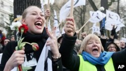 Demonstrators cheer before the Constitutional Tribunal building In Warsaw, after the special court partly approved a move concerning its composition made by the previous ruling liberal Civic Platform party, Dec. 3, 2015.