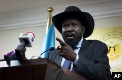 FILE - South Sudan's President Salva Kiir speaks to the media at a press conference in Juba, South Sudan.