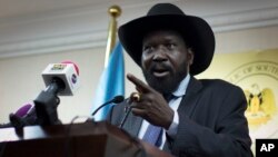 FILE - South Sudan's President Salva Kiir speaks to the media at a press conference in Juba, South Sudan.