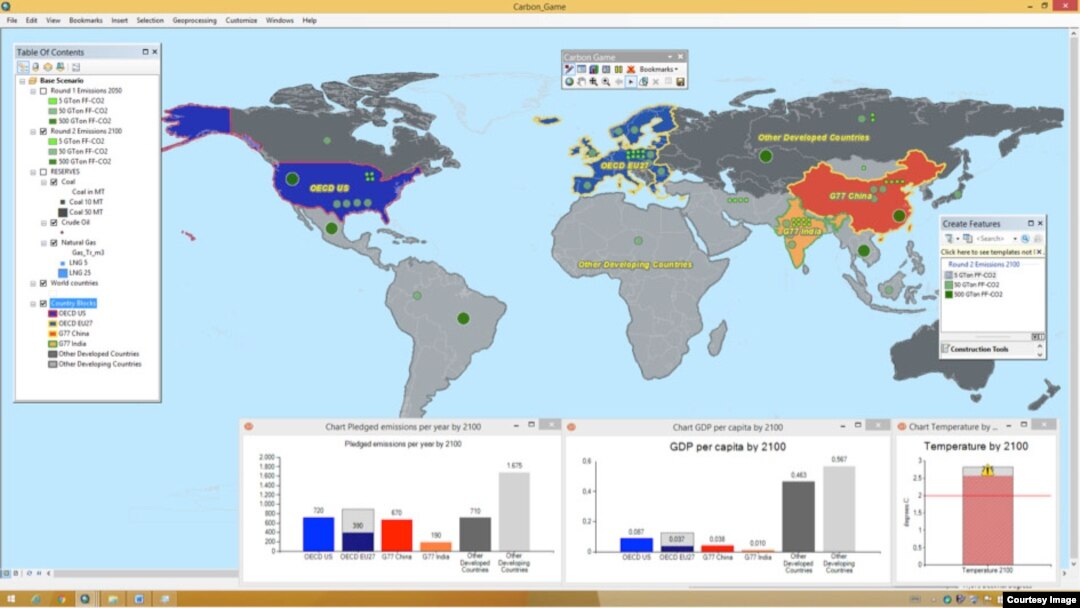 In 'Carbon Game,' players negotiate over how much they will cut their greenhouse gas emissions in order to keep the world below 2 degrees of warming. (Courtesy - Linda Carton)