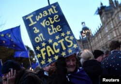 An anti-Brexit protester holds up a sign outside the Houses of Parliament in London, Britain, March 14, 2019.