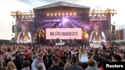 Ariana Grande performs during the One Love Manchester benefit concert for the victims of the Manchester Arena terror attack at Emirates Old Trafford, Greater Manchester, in Britain, June 4, 2017.