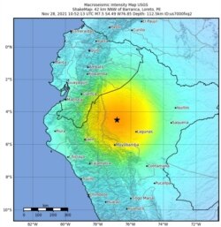 Peru earthquake locator map, Nov. 28, 2021